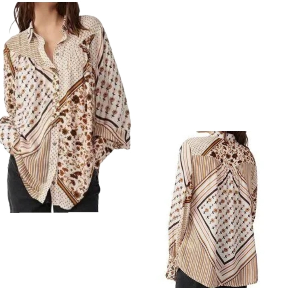 Free People Hazel Patchwork Button Down Blouse, Xl - image 1